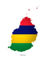 Vector illustration with Mauritius national flag with shape of Mauritius map. Red, blue, yellow, green colors. Volume shadow on the map