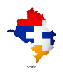 Vector illustration with Artsakh (Nagorno-Karabakh Republic) national flag with shape of this map (simplified). Volume shadow on the map