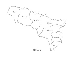 Vector isolated illustration of simplified administrative map of Abkhazia. Borders and names of the regions. Black line silhouettes