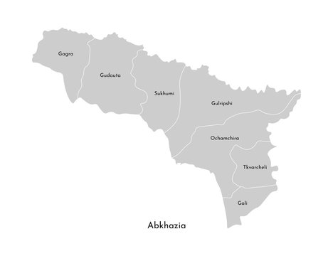 Vector isolated illustration of simplified administrative map of Abkhazia. Borders and names of the provinces (regions). Grey silhouettes. White outline