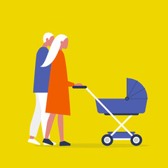 Baby carriage. Pram. A couple of characters walking with a stroller. Modern parenthood. Flat editable vector illustration, clip art