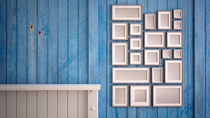 Mock up picture frame arrangement blue and white