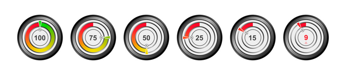 Set of vector indicator of the level of the battery, oxygen, capacity, energy. Round percentage diagrams from 9 to 100 for web design, ui or infographic.