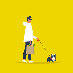 Daily routine. Modern lifestyle. Young male character holding a paper bag with groceries. Walking a dog. Flat vector illustration, clip art