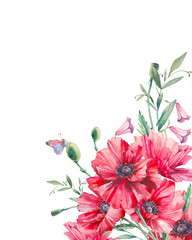 Watercolor vintage frame with poppy flowers and green leaves. Hand painted floral background. Garden style invitation design