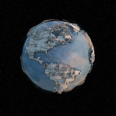Megalopolis aerial view 3d render image in space on background of the dark starry sky.