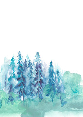 Watercolor art illustration. Drawing of the blue forest, pine tree, spruce, cedar. Dark, dense forest, suburban landscape. Postcard, logo, card. Misty forest, haze. Watercolor card, invitation.
