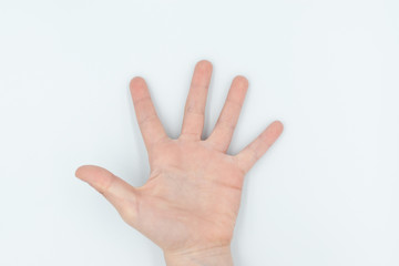 This is a capture for a child hand on a white background in a studio light 