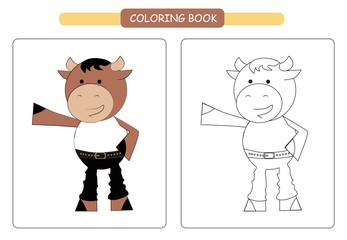 Coloring book for kids. Cute cartoon bull. Vector illustration.