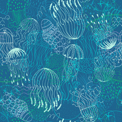 Colorful seamless background with a collection of jellyfish. Hand drawn vector illustration of marine fauna in line art style. Design for summer beach, decoration © Алена Малашкевич