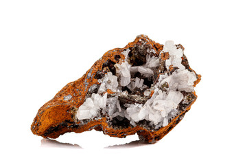 Macro mineral stone crystals Hemimorphite rock on a white background