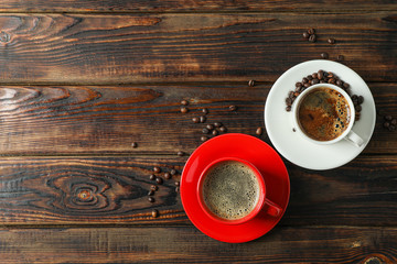 Coffee time accessories on wooden background, space for text and top view. Break time