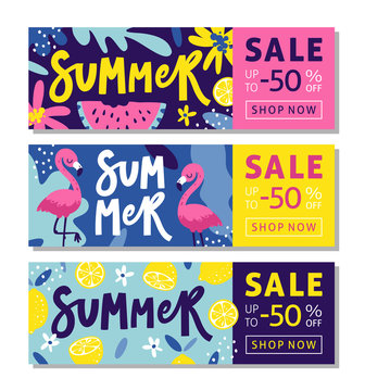 Set of summer sale banner templates for mobile and social media. Handwritten text with tropical elements for product promotion.