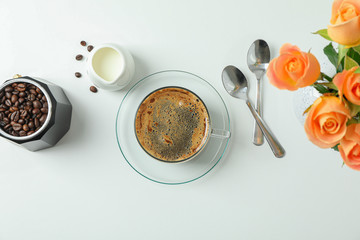 Flat lay composition with coffee time accessories on white background, space for text. Breakfast time