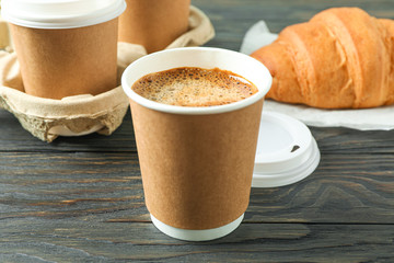 Coffee time accessories on wooden table, closeup and space for text. Break time