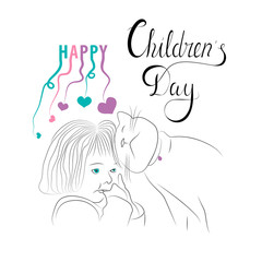 Happy children's Day text on a white background. Child and cat. Greeting card, poster