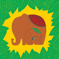 Family of elephant graphic vector on jungle background. Cartoon style, contrast colors