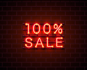 Neon 100 sale text banner. Night Sign. Vector