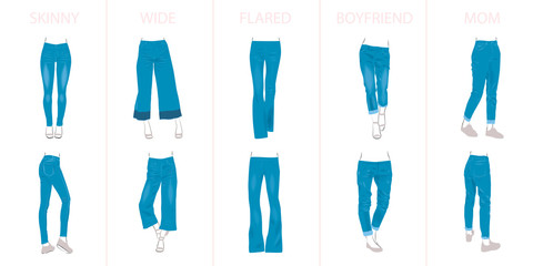 Illustration of jeans types. Every type has two shoes variants - high and low heels