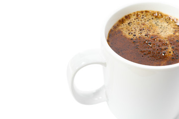 Cup of coffee with frothy foam isolated on white background. Break time