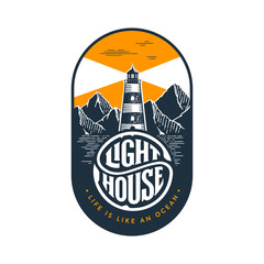 Lighthouse circle lettering oval orange Vector illustration.