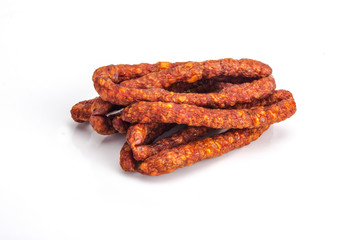 Smoked sausage cane on a white background.