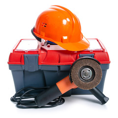 Fototapeta premium toolbox, helmet, building tools on white background isolation