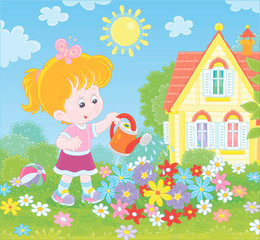 Obraz na płótnie Canvas Smiling little girl watering colorful flowers on a flowerbed on a green lawn in front of her house on a sunny summer day, vector illustration in a cartoon style