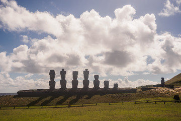 Moai de Ahu Nau Nau on the beach of Anakena on Easter Island. Rapa Nui