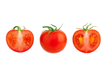 One red tomato with green leaves and two cut off tomatoes halves on white background isolated close up, beautiful whole and sliced round ripe tomatoes set, design element for label