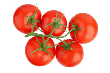 Five red ripe tomatoes with green leaves on one branch on white background isolated close up, beautiful red cherry tomatoes bunch, design element for label