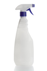 Detergents for home. Cleaning products. White blank plastic spray detergent bottle isolated on white background.