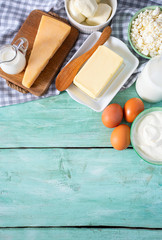 dairy products on wooden surface