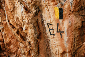 Route marker for the E4 long distance hiking trail in Crete