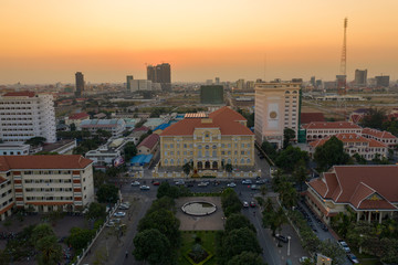 Landscape Phnompenh capital of Kingdom of Cambodia , take shot by drone on sunset