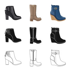 Vector illustration of footwear and woman symbol. Collection of footwear and foot stock symbol for web.
