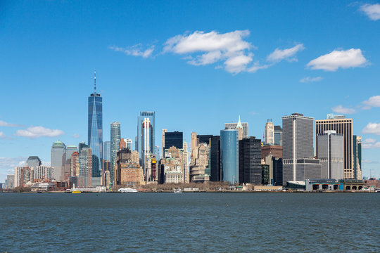 Panorama of New York City skyline and Manhattan as seen from Upper Bay