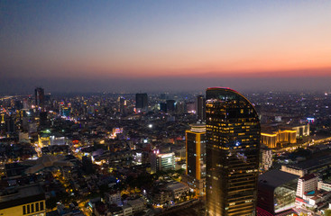 Landscape Phnompenh city from drone on the night