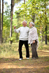 Portrait of senior couple have a walk in autumn forest