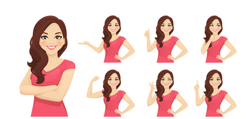Smiling beatiful woman with curly hairstyle set with different gestures isolated