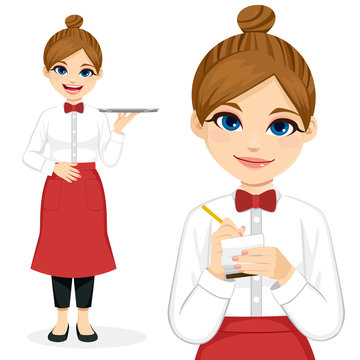 Young female waitress working holding tray and taking notes closeup Stock Vector | Adobe Stock Young female waitress working holding tray and taking notes closeup Stock Vector | Adobe Stock