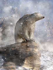 Obraz premium A polar bear stands upon a large grey stone during a snowstorm somewhere in the wilderness of northern Canada. The wind blows and the snow swirls around the great animal. 3D Rendering
