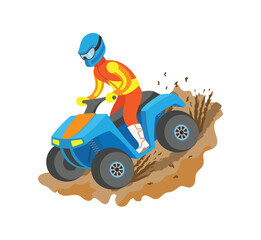 Extreme sport quad biking, man in bright suit and helmet standing on bike, championship or rally, flat view of person on atv driving by mud vector © robu_s
