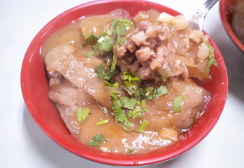 Bawan (Ba wan), taiwanese meatball delicacy, delicious street food, fried starch wrapped round shaped dumpling with pork inside, close up, copy space