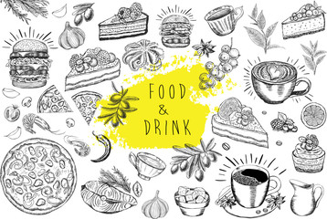 Food and drink vector set with hand drawn
