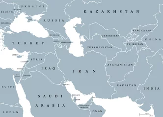 Fotobehang Southwest Asia, political map with borders. Also called Western, West or Southwestern Asia. Subregion, overlapping with Middle East, including Caucasus. Gray illustration on white background. Vector. © Peter Hermes Furian