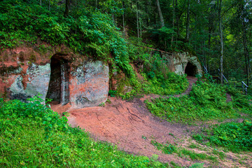 Fototapeta premium natural sand stone cliffs on the shore of the river in forest