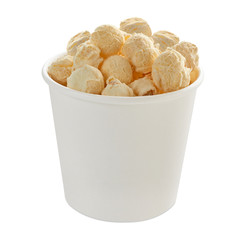 Gourmet Popcorn in white blank cardboard cup isolated on white background. Including clipping path.