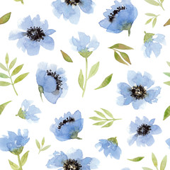 watercolor blue flowers. seamless pattern on a white background