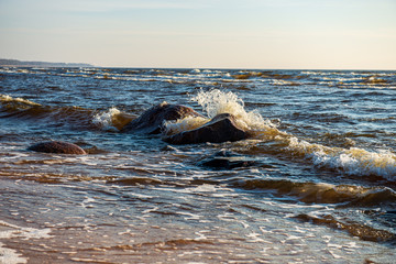 lake or sea beach in stormy weather